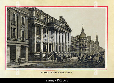 Mansion House, 1880 Edelstahl Gravur der offizielle Residenz des Herrn Bürgermeister von London, im palladianischen Stil aus dem 18. Jahrhundert an der Bank an der Kreuzung von Cheapside, Geflügel und Victoria Street Stockfoto