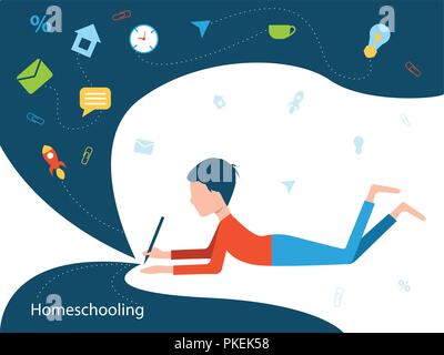 Homeschooling ist der Junge zu studieren. Das Kind schreibt die Stelle mit einem Bleistift. Flache Vector Illustration Stock Vektor