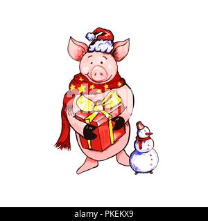 Weihnachten Schwein aquarell Abbildung. Glückliche Ferkel in Santa Hut und Schal. Schwein jahr Charakter. Piggy mit präsentieren. Chinesisches Neues Jahr2019-Symbol. Weihnachten Postkarten und Plakate entwerfen. Isolierte Raster Stock Vektor