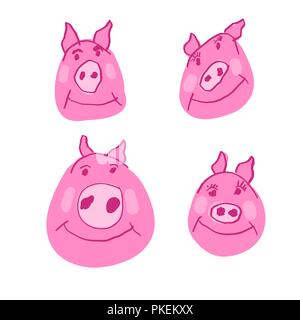 Schwein Familie in Doodle Stil. Hand gezeichneten rosa Schwein, schweinchen Gesicht Zeichen gesetzt, raue Doodles Stil. Lustige isoliert Abbildung für 2019 das Neue Jahr Grußkarten und Drucke Stock Vektor