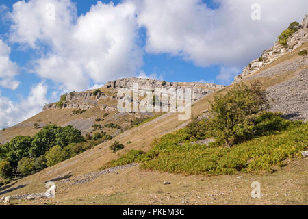 Die Kalkfelsen der Eglwyseg Escarpment über dem Tal von Llangollen, Wales, Großbritannien Stockfoto