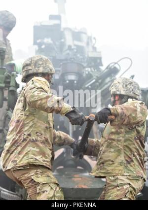 Soldaten zu Charlie Batterie zugewiesen, 1.BATAILLON, im Field Artillery Regiment, 39th Infantry Brigade Combat Team, Arkansas National Guard, lädt die 155 mm runde in die M777A2 155mm Haubitzen abgeschleppt, 28. Juli 2018. Stockfoto