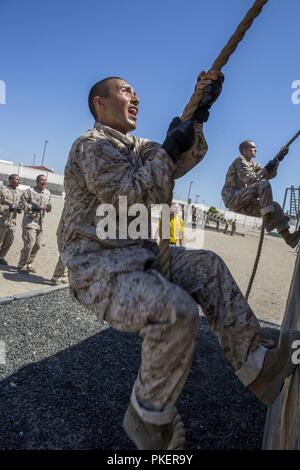 Ein mit Hotel Company, 2. rekrutieren Ausbildung Bataillon rekrutieren, Muskeln durch ein Hindernis, während das Vertrauen der Kurs, den ich bei der Marine Corps Recruit Depot San Diego, 30.Juli. Die Rekruten wurden erwartet Disziplin durch ihre Körper durch jedes Hindernis zu üben. Jährlich mehr als 17.000 Männer aus den westlichen Recruiting Region rekrutiert werden an MCRD San Diego ausgebildet. Hotel Company ist Absolvent Okt. 5 geplant. Stockfoto