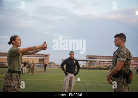 Us-Marines vorübergehend zusätzliche Pflicht, Propst Marschallamt, Marine Corps Air Station Yuma zugeordnet, in Oleoresin Capsaicin (OC) Spray als Teil einer Sicherheit Augmentation Force (SAF) Qualifikationsturnier auf MCAS Yuma, AZ, 31. Juli 2018 teilnehmen. Die SAF Marines sind erforderlich Stufe 1 OC Kontamination zu empfangen, um zu wissen, wie der ordnungsgemäße Funktion und Sicherheit bieten, während Sie von der Spray berührt wird. Stockfoto