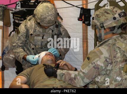 Combat medics mit 141 Der 41St Infantry Brigade Combat Team Brigade Support Battalion simulieren Behandlung von Kopf und Augen in den ersten Schritt einer medizinischen Evakuierung Wunde, 27. Juli 2018 im Camp Roberts, Kalifornien. Die 41 IBCT ist die Durchführung einer groß angelegten Übung bekannt als exportierbar Combat Training (XCTC) Vom 21. Juli bis Aug. 12 platoon Kenntnisse über die Feuerwehr in Abstimmung mit der ersten Armee zu zertifizieren. "Diese Übung hält unsere Einheiten ausgebildet und bereit für Missionen und baut auf der Ausbildung des Brigade aus dem letzten Jahr Warfighter Übung", sagte Col. Stockfoto