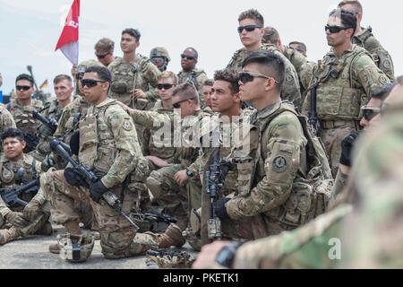 Soldaten aus Kronos Truppe, 3.Staffel, 2d-Cavalry Regiment hören aufmerksam als Befehl Sgt. Maj. Robert Abernethy, Senior Advisor, Soldaten der US-Army in Europa beweist Worte der Weisheit nach der edlen Partner Eröffnung am Wasiani Flugplatz, Aug 1, 2018. Edle Partner ist eine georgische Streitkräfte und US-Armee Europa kooperativ-led-übung in der vierten Iteration. Die Übung soll die Unterstützung und die Bereitschaft und die Interoperabilität von Georgia, USA verbessern und die teilnehmenden Nationen während eines multinationalen Ausbildung Betrieb. Stockfoto