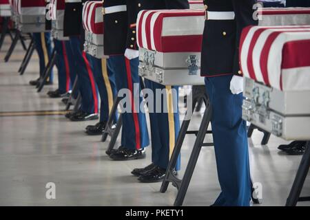 Eine Ehrengarde Detail der US-Indo-Befehl Personal führt eine achtbare tragen Zeremonie am Joint Base Pearl Harbor-Hickam (JBPH-H), Hawaii, Aug 1, 2018. Tragen Mannschaften 55 Flagge bewegen - drapierte Verteilergetriebe, das, was geglaubt werden die Reste der American Service Members im koreanischen Krieg verloren, der DPAA Labor an JBPH-H für die Identifikation. Stockfoto