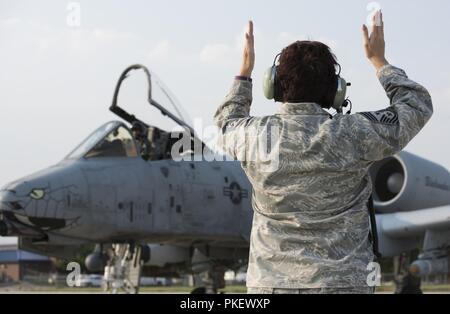 Chief Master Sgt. Tammy S. Ladley, 124 Fighter Wing command Chief, der streckenposten Eine A-10 Thunderbolt II in Boise, Idaho, Aug 2, 2018. Als Teil ihrer Pensionierung, Ladley mit der Markteinführung der A-10 in die 124 FW zugeordnet unterstützt. Stockfoto