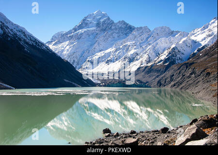 Spektakuläre Aussicht auf Aoraki Mount Cook, Südinsel, Neuseeland. Schneebedeckten Berg in den Gletschersee mit klarem, blauem Himmel Hintergrund reflektiert Stockfoto