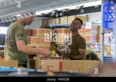 SEATTLE (Aug. 3, 2018) US Marine Corps Cpl. Matthäus Mikyska, ein mortarman mit 2Nd Battalion, 7th Marine Regiment, und US-Navy Leutnant Aaron Walling, der kaplan an Bord amphibious Transport dock Schiff USS Somerset LPD (25), Freiwilliger an jüdischen Familie Service während Seafair Flotte Woche. Seafair Fleet Week ist eine jährliche Feier des Meeres Dienstleistungen darin Seemänner, Marinesoldaten und Küstenwache Mitglieder vom Besuch der US-Marine und Küstenwache Schiffe und Schiffe aus Kanada machen die Stadt zu einem Hafen des Anrufs. Stockfoto