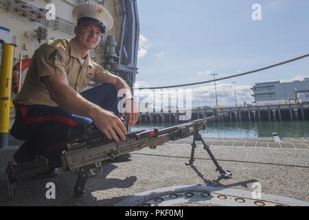 SEATTLE (Aug 3, 2018) ein US-Marine an Bord amphibious Transport dock Schiff USS Essex (LPD-25) stellt für ein Bild während Seafair Flotte Woche. Seafair Fleet Week ist eine jährliche Feier des Meeres Dienstleistungen darin Seemänner, Marinesoldaten und Küstenwache Mitglieder vom Besuch der US-Marine und Küstenwache Schiffe und Schiffe aus Kanada machen die Stadt zu einem Hafen des Anrufs. (U.S. Marine Corps Stockfoto