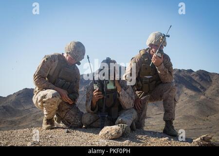 Us Marine Corps Sgt. Elijah Smith, Links, Kpl. Xavier Tapia, Mitte, und Sgt. Kaleb Coy, Fire Support Marines mit Hauptsitz Batterie, 11 Marines, 1st Marine Division (MARDIV), Durchführung von gemeinsamen Endgerät angreifen controller Missionen während der Übung Sommer Fury, im Jahr 2057 Süd, Calif., Aug 2, 2018. Die Übung wurde durchgeführt, 1. MARDIV Operationen Kenntnisse durch die Integration zur Gründung, Übergang und schrittweise Einstellung der Steuerung von Flugzeugen und Raketen über mehrere Standorte hinweg zu erhöhen. Stockfoto