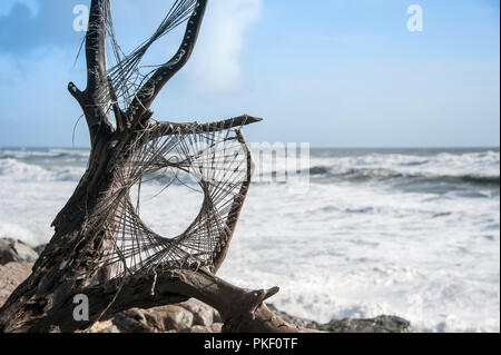 Ein treibholz Skulptur, aus recyceltem Holz gewaschen am Strand, Hokitika, Südinsel, Neuseeland. Markante Silhouette gegen bewölkter Himmel Stockfoto