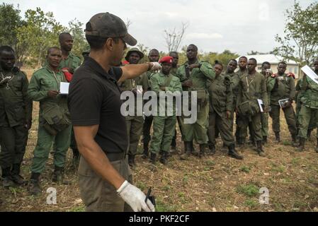 Us-Armee Soldaten des 404Th zivilen Angelegenheiten Bataillon Verhalten gegen den illegalen Handel Ausbildung zu tansanischen Wildlife Behörde Studenten an einem game reserve in Tansania, 24. Juli 2018. Das Monat-lange Kurs, durch die zivilen Angelegenheiten 404th Battalion, ist so konzipiert, dass TAWA ist anti-wilderei Fähigkeiten zu verbessern. Stockfoto