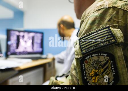 Der PROVINZ KANDAHAR, Afghanistan (5. August 2018) - U.S. Navy Leutnant Cdr. Justin S. Clark, Radiologie Techniker für Kandahar Airfield Rolle der NATO III Multinationale medizinische Einheit, Uhren als seinen afghanischen Radiologie Gegenstück die Ergebnisse einer x-ray prüft, 5. August 2018, während einer medizinischen Beratung Besuch bei Kandahar regionale militärische Krankenhaus, Camp Held in Kandahar, Afghanistan. Mitarbeiter aus der Rolle III Durchführung Routinemäßige Besuche auf KRMH zu trainieren und Beratung afghanischen medizinischen Personal. Stockfoto