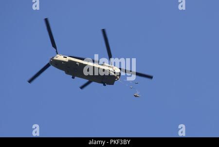 Ein U.S. Army CH-47 Chinook Hubschrauber, Bravo Company, 2-104 th GSAB, 28 Combat Aviation Brigade zugeordnet, fällt eine Gruppe von Fallschirmjägern auf Schloss Drop Zone bei Leapfest 2018 West Kingston, RI., 5. August 2018. Leapfest ist der größte und am längsten bestehende, internationale statische Linie Fallschirm Training und Wettbewerb veranstaltet vom 56. Truppe den Befehl, Rhode-Island Army National Guard hohe technische Ausbildung zu fördern und Korpsgeist innerhalb der internationalen Gemeinschaft in der Luft. Stockfoto