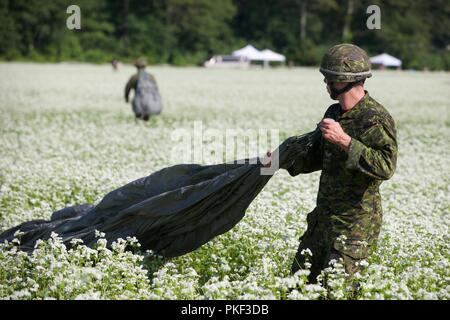 Zwei kanadische Fallschirmjäger pack Ihre MC-6 Fallschirme auf Schloss Drop Zone bei Leapfest 2018 West Kingston, RI., 5. August 2018. Leapfest ist der größte und am längsten bestehende, internationale statische Linie Fallschirm Training und Wettbewerb veranstaltet vom 56. Truppe den Befehl, Rhode-Island Army National Guard hohe technische Ausbildung zu fördern und Korpsgeist innerhalb der internationalen Gemeinschaft in der Luft. Stockfoto