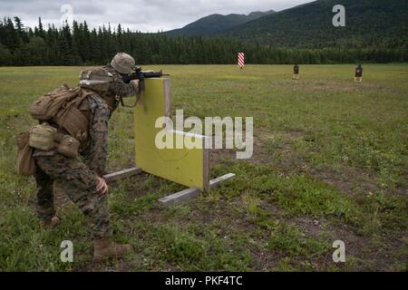 Marines mit Charlie Company, 1.Bataillon, 24 Marine Regiment, 25 Marine Regiment, konkurrieren in der 4. Marine Division jährliche Rifle Squad Wettbewerb, führen ein Brand während der Bekämpfung der Treffsicherheit Härtetest bei Joint Base Elmendorf-Richardson, Anchorage, Alaska, Aug 6, 2018. Super Squad Wettbewerbe wurden entwickelt, um eine 14-Mann Infanterie Squad in ein weites Feld und Live-fire Evolution zu bewerten. Stockfoto