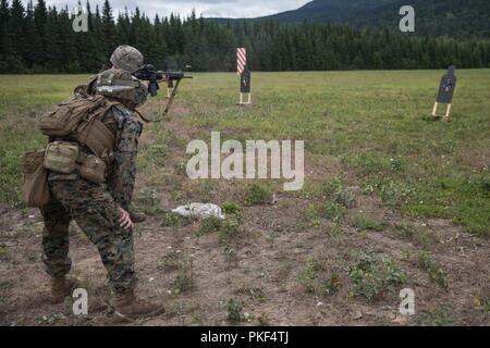 Marines mit Charlie Company, 1.Bataillon, 24 Marine Regiment, 25 Marine Regiment, konkurrieren in der 4. Marine Division jährliche Rifle Squad Wettbewerb, führen ein Brand während der Bekämpfung der Treffsicherheit Härtetest bei Joint Base Elmendorf-Richardson, Anchorage, Alaska, Aug 6, 2018. Super Squad Wettbewerbe wurden entwickelt, um eine 14-Mann Infanterie Squad in ein weites Feld und Live-fire Evolution zu bewerten. Stockfoto