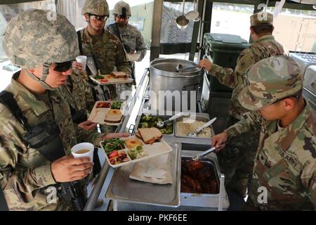U.S. Army Reserve SPC. Antoni Ramirez, eine kulinarische Fachmann mit der 370 Transport Unternehmen, serviert Speisen zu Soldaten während des USARC 51 Phillip A. Connelly Award Programmevaluierungen, am Lager Bullis, Texas, Aug 4, 2018. Die Phillip A. Connelly Award Programm wurde 1968 gegründet Exzellenz in der Armee Food Service zu erkennen. Das Programm wird gemeinsam von der National Restaurant Association und die Abteilung der Armee gesponsert. Stockfoto