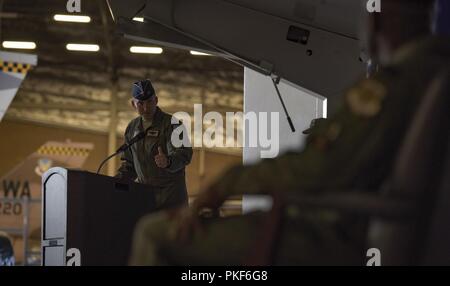 Brig. Gen. Robert Novotny, 57 Wing Commander, spricht mit Oberst Travolis Simmons, 57 Gegner Taktik Gruppe eingehenden Commander, die während eines Befehls Preisverleihung auf der Nellis Air Force Base, Nevada, Aug 3, 2018. Simmons' vorherige Zuweisung wurde mit den Vereinten Nationen Befehl und United States Forces Korea. Stockfoto