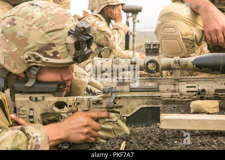 Spc. Lange Phan, Links, ein Kalifornien Nationalgarde Infanteristen zu B Unternehmen zugewiesen sind, 1.BATAILLON-160 th Infanterie Regiment, 79th Infantry Brigade Combat Team, 40th Infantry Division, Brände von einem Sniper Waffe System während einer Stress schießen Übung, Juli 30, 2018, Pohakuloa, Hilo, Hawaii. Phan verbindet den Rest von 1-160 th Infanterie Bataillon für die jährliche Ausbildung in Hilo, Hawaii. Stockfoto