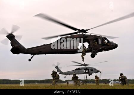 ALPENA, Michigan - Soldaten der 3. Special Forces Group, Fort Bragg, North Carolina, und die Litauische Special Forces Soldaten Praxis schnelle Seil einführen und Absaugung Ausbildung an der Alpena Combat Readiness Training Center hier auf August 7, 2018. Die Mannschaften, die von den Mitgliedern der zweiten Bataillon geflogen, allgemeine Unterstützung 238th Aviation Regiment, eine Firma, Aurora, Colo., in einem UH-60 Black Hawk Hubschrauber und die U.S. Navy Helicopter Meer Combat Squadron, North Island, Calif. in einem MH-60 Hubschrauber, zusammen als Teil der Northern Strike 18 geschult sind, ein National Guard Bureau - geförderte Übung vereint App Stockfoto