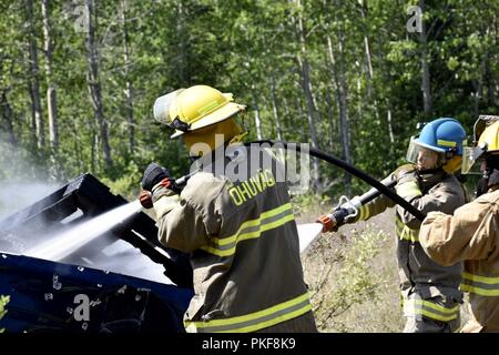 Feuerwehrleute aus Alpena Combat Readiness Training Center, Michigan, 180 Fighter Wing, Toledo, Ohio, der Estnischen Luftwaffe und bulgarischen Luftwaffe durch Extraktion Übungen an carmeuse Calcit Steinbruch, Rogers City, Mich., Nov. 9, 2018. Diese Schulung liefert Methoden Personal zu extrahieren oder Brand bei einem Crash. Northern Strike18 ist ein National Guard Bureau - geförderte Übung vereint Service Mitglieder aus vielen Staaten, mehrere Filialen und eine Reihe von Koalition Ländern während der ersten drei Wochen im August 2018 im Camp Äsche gemeinsame Manöver Training Center und die A Stockfoto