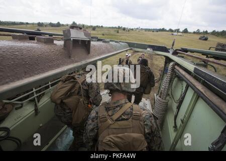 Marines aus Indien Unternehmen, 3.Bataillon, 25 Marine Regiment, Rush aus einem Amphibisches Fahrzeug während einer mechanisierten Angriff Sortiment am Lager Äsche, Mich., Nov. 9, 2018. Camp Äsche, der größten nationalen Schutz Zentrum im Land auf 147.000 Hektar, bietet viele große Artillerie, Mörser, Tank reicht und Manöver Kurse. Stockfoto