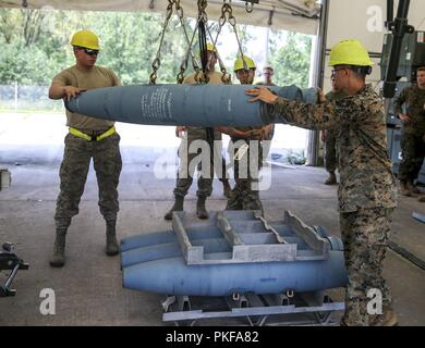 Us Marine Artillerie-Techniker arbeiten mit US Air Force Munition Techniker, um Bomben zu bauen und Munition zusammen vor der Ausführung der gemeinsamen Übung der Nördlichen Blitz 2018 bei Volk Feldzähler Flächen Training Center, Camp Douglas, Wis., Aug 9. Northern Blitz ermöglicht die Air Force, Marine Corps, Navy Interoperabilität zwischen den Diensten zu verstärken und gibt die unterschiedlichen Branchen ein größeres Verständnis für die Luftfahrt Fähigkeiten innerhalb einer gemeinsamen Streitmacht. Stockfoto