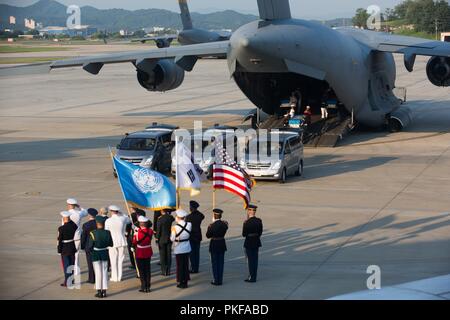 Multinationale service Mitglieder Transport würdige Übertragung Fällen während einer Zeremonie zu Ehren der repatriierten bleibt geglaubt, zu denen der gefallenen amerikanischen Helden, Osan Flughafen, Südkorea, Aug 1, 2018. Die Vereinten Nationen Befehl repatriiert 55 Fälle von bleibt zurück, die von der Demokratischen Volksrepublik Korea angenommen, mit denen der US-Mitglieder, die vermisst seit dem Koreakrieg wurden. Stockfoto