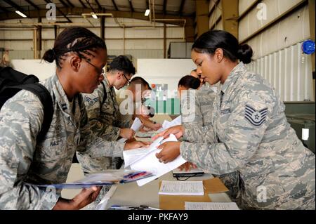 Mitglieder der 927th Aeromedical Staging Squadron in-process in Übung Patriot Krieger auf Aug 9, 2018 at Fort McCoy, Wisconsin. Patriot Krieger besteht aus gemeinsamen Kräfte aus dem ganzen Land zu präsentieren, Einsatzmöglichkeiten und erhöhen die Bereitschaft. Stockfoto