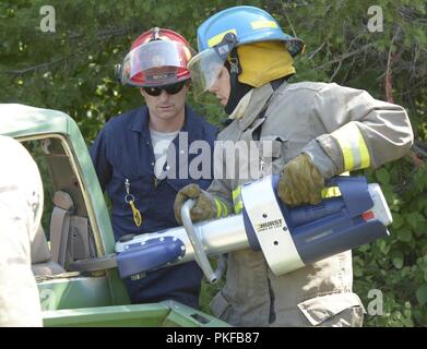 Estnische Feuerwehrmänner Zug als Ersthelfer in einem eehicle Extraktion Übung in der carmeuse Calcit Steinbruch, Rogers City, Michigan, während Northern Strike 18 Aug 9, 2018. Northern Strike18 ist ein National Guard Bureau - geförderte Übung vereint Service Mitglieder aus vielen Staaten, mehrere Filialen und eine Reihe von Koalition Ländern während der ersten drei Wochen im August 2018 im Camp Äsche gemeinsame Manöver Training Center und die alpena Combat Readiness Training Center, beide im nördlichen Michigan gelegen und durch die Michigan National Guard betrieben. Die akkreditierte Gemeinsame Nation Stockfoto