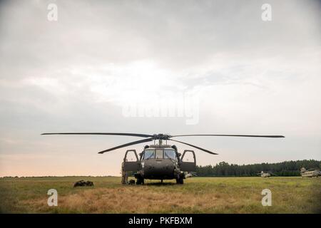 Soldaten mit Firma A, 2 Bataillon, 135 Aviation Regiment, Colorado Army National Guard, bereiten Sie ein UH-60 Black Hawk für eine Schlinge last Flug mit Mitgliedern der Royal Jordanian Armee während Northern Strike 18 in Alpena, Michigan, Aug 11, 2018. Northern Strike18 ist ein National Guard Bureau - geförderte Gemeinsame-force Übung, das US-Verteidigungsministerium und multinationale Koalition service Mitglieder Kenntnisse im Befehl Mission, Luft, Meer und Boden Manöver Integration ausüben. Stockfoto