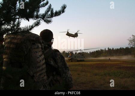 CAMP ÄSCHE, Mich - Ein infanterist von Combat Support Unternehmen, 3. Brigade, der Lettischen Nationalen Streitkräften, wartet in der Wood Line wie zwei US-CH-47 Chinook land im Camp Äsche, Mich., Nov. 9, 2018. In den USA und der lettischen Armee beteiligen sich an Northern Strike, eine gemeinsame, multinationalen, kombinierte Waffen live Fire Training durch die Michigan National Guard gehostet werden. Stockfoto