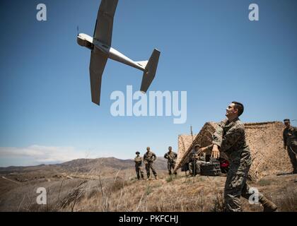 Us Marine Corps 1. Lt. Christopher Banken, die Executive Officer für Hotel Batterie, 3. Niedrige Höhe Air Defence Battalion, 3. Marine Flugzeugflügel, setzt eine RQ-20 Puma eine kleine, unbemannte Flugzeuge System im Sommer FIREX 2018 Marine Corps Base Camp Pendleton, Calif., Aug 8, 2018. Die Übung erweitert die 11 Marine Regiment Fähigkeit zu planen, zu koordinieren und zu direkten letalen Fire Support liefern, gegen Brände und regimental Befehl und Kontrolle. Stockfoto