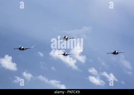 Pazifik-F-35B Blitz IIs mit Marine Fighter Attack Squadron 211, das Wake Island Avengers, 13 Marine Expeditionary Unit (MEU), fliegen über dem Pazifischen Ozean während einer planmäßigen Einsatz der Essex Amphibious Ready Group (ARG) und die 13. MEU, 1. August 2018. Das Essex ARG/MEU Team ist eine starke, flexiblen, reaktionsschnellen und gleichbleibende Kraft zu der 7 Bereich der Flotte im Einsatz der regionalen Stabilität zu unterstützen, Partner überzeugen und Verbündete ad Gewährleistung einer Präsenz bereit, jede Krise von der humanitären Hilfe für Blindbewerbungen zu reagieren. Das Essex ARG. Und 13. Stockfoto