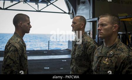 Pazifik - US Marine Sgt. Ilia Karanadze, ein Funker mit dem Maritimen Raid-Kraft, Befehl Element, 13 Marine Expeditionary Unit (MEU), Berichte zu oberst Krämer Nelms, kommandierender Offizier, 13. MEU, an Bord der Wasp-Klasse amphibisches Schiff USS Essex (LL 2), während einer planmäßigen Einsatz der Essex Amphibious Ready Group (ARG) und die 13. MEU, 8. August 2018. Das Essex ARG/13 MEU Team ist ein ist ein fähiger und tödliche Navy-Marine Corps Kraft der 7 Bereich der Flotte im Einsatz der regionalen Stabilität zu unterstützen, beruhigen Partner und Verbündete und ein Pres beibehalten Stockfoto