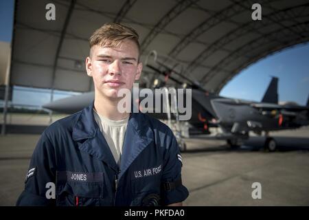 Airman 1st Class Curtis Jones, 334 Aircraft Maintenance Unit, steht vor einer F-15E Strike Eagle Aug 1, 2018, bei Seymour Johnson Air Force Base, North Carolina. Jones ist einer von mehr als 10 Flieger, die derzeit von einer lokalen Familie als Teil der Seymour Johnson Air Force Base Airman Sponsoring Programm, das entworfen ist, um die Flieger mit einer Allee zu stellen neue Freundschaften in der lokalen Gemeinschaft zu bilden und zu unterstützen, die über die formalen Arbeitsumgebung sammeln gefördert. Stockfoto