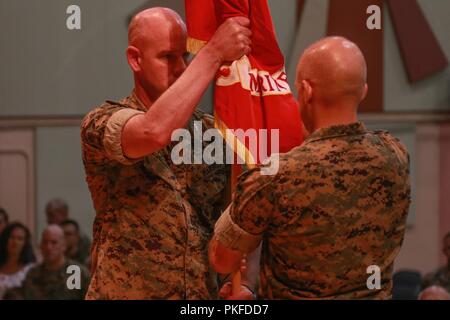 Master Gunnery Sgt. Keith Bonnell, Senior Advisor angeworben, Marine Corps Taktik und Operations, übernimmt die Kontrolle über die Einheit Farben während der 10-jährigen Jubiläumsfeier der MCTOG an Bord der Marine Corps Air Ground Combat Center, Twentynine Palms, Calif., Aug 10., 2018. MCTOG feierte sein 10jähriges Jubiläum und führte eine Änderung der Befehl Zeremonie, während der Colonel Timothy Barrick Befehl aufgegeben von MCTOG zu oberst Gregory Polen. Stockfoto