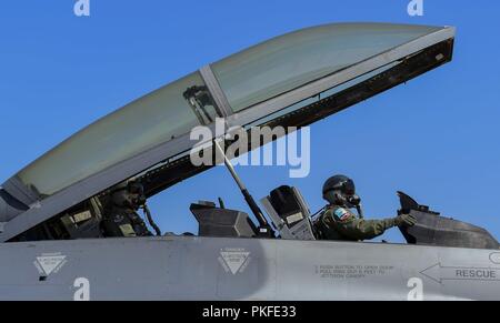 Oberst Brian "Ike" Turner, 140 Flügel, Colorado Air National Guard, Commander, schließt das Vordach eines F-16 Fighting Falcon August 10, 2018, Buckley Air Force Base, Colorado. Turner die Flugzeuge während der Einnahme von Col. Troy Endicott, 460Th Space Wing Commander, auf einen Anreiz Flug. Stockfoto