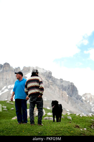 Hirten und Schäferhunde auf dem Col du Galibier Mountain Pass in Valloire, im Département Savoie (Frankreich, 14.06.2010) Stockfoto