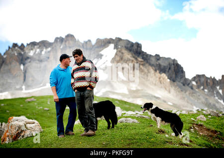 Hirten und Schäferhunde auf dem Col du Galibier Mountain Pass in Valloire, im Département Savoie (Frankreich, 14.06.2010) Stockfoto