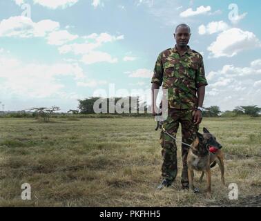 Ein service Mitglied aus der Kenia Defence Force erste Canine Regiment Posen mit einer militärischen arbeiten Hund während einer Partnerschaft Informationsaustausch in Nairobi, Kenia, 10.08.2018. Während der Experte exchange, USA und KDF-service Mitglieder auf Aspekte der Ersten Hilfe, der Bekämpfung von Unfall- und Handler Fähigkeiten geschult, die Stärkung der Beziehung der beiden Armeen. Stockfoto