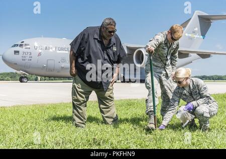 Von links, Darryl Mehr, US-Landwirtschaftsministerium der tierischen und pflanzlichen Gesundheit Kontrolle Service Pflanzenschutz und Quarantäne Vertreter und staatlichen Gesundheit Direktor, Uhren Älterer Flieger Robert Bennett, Bauingenieur 436th Squadron strukturelle Facharbeiter und Airman 1st Class Jamie Tstinic, 436Th CES Schädlingsbekämpfung Facharbeiter, Toten begraben, Krankheitserreger - geplagte japanische Käfer in der Nähe der Flug Linie Aug 9, 2018, auf Dover Air Force Base, Del. Dies ist das erste Mal, dass diese Population control Methode in Dover AFB versucht wurde, aber auch an anderen Standorten, es ist wirksam bei der Reduzierung von t Stockfoto