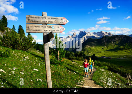 Wanderer auf der Aufstieg von der Plätzwiese auf den Gipfel des Dürrenstein, im Hintergrund der Gipfel des Monte Cristallo Stockfoto