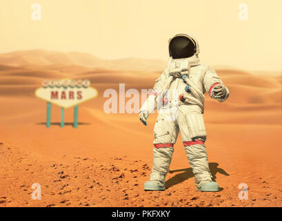 Spaceman Spaziergänge auf dem roten Planeten Mars. Space Mission. Willkommen bei Mars unterzeichnen. Astronaut Reisen im Weltraum Stockfoto