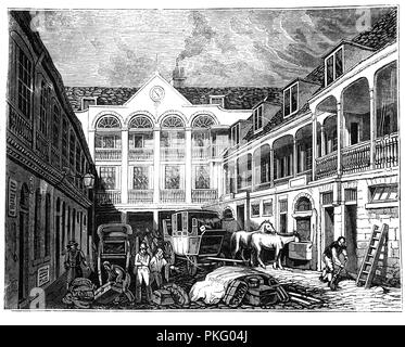 Die Galleried Innenhof des Blue Boar Taverne in Holborn, London mit Kutschen, Pferde und Gepäck durcheinandergeworfen. Abriss im Jahre 1864 war es bekannt als Zwischenstopp auf dem Weg in die Umhänge in Tyburn. Es war hier, die Geschichte war, wenn man von Cromwell's Spione im Palace, informierte ihn, dass er und Henry Ireton 'dTod verordnet wurde und einen entsprechenden Brief an war auf dem Weg von der König die Königin. Als es entdeckt wurde, Cromwell und ireton sich verkleidet als Soldaten und an swordpoint, durchsucht der Bote, öffnete den Brief und festgestellt, dass der König über die Rebellion zu beenden. Stockfoto