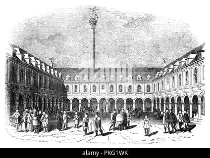 Der Innenhof von Sir Thomas Gresham's Exchange in London, England. Sir Thomas Gresham der Ältere (1519 - 1579) Ein englischer Kaufmann war und Finanzier, der im Namen von König Edward VI (1547-1553 und Elizabeth I (1558 - 1603) gehandelt. 1565 Gresham einen Vorschlag an den Gerichtshof der Stadt Stadträte ein Bourse oder Exchange zu errichten - Was wurde der Royal Exchange, - unter der Bedingung, dass die Corporation einen geeigneten Ort zur Verfügung gestellt. Stockfoto