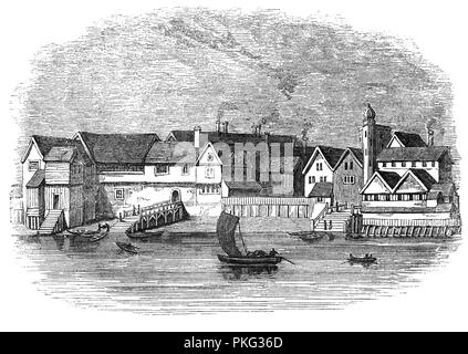 Die Wharf der Kaufleute der Steelyard, die englische Bezeichnung für die Kaufleute der Hanse, die zunächst in London im Jahre 1250 an der Steelyard auf dem Fluss angesiedelt, in der Nähe von Cosin Lane, jetzt Ironbridge Wharf und etablierten ihre Londoner Kontor in 1320. Liegt westlich von London Bridge über die Themse, es wuchs im Laufe der Zeit signifikant in einem Ummauerten Gemeinschaft mit eigenem Lager, Stadtwaage, Kirche, Büros und Häuser, was die Bedeutung und Umfang der Tätigkeit ausgeübt wird. Es ist die erste "Steelyard (der Stahlhof) in 1422. Wenn es in der Tolle zerstört Stockfoto